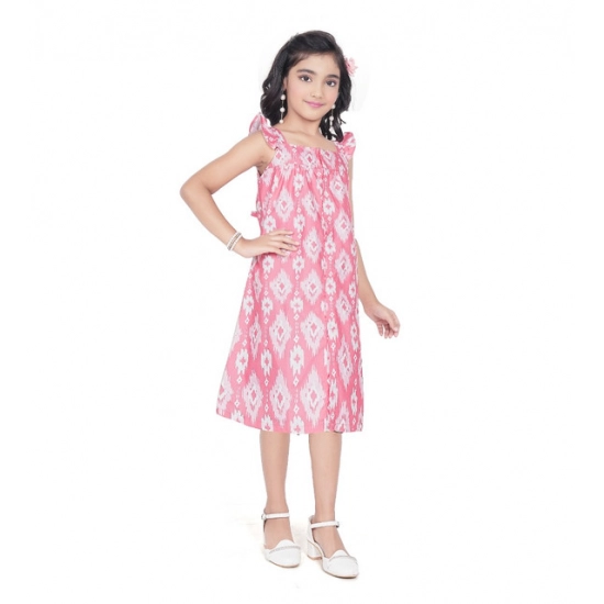 Generic Girl's Cotton Printed Sleeve Less Squre Neck Dress (Pink)