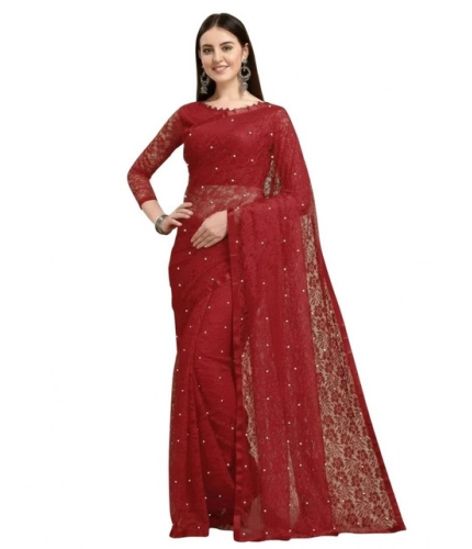 Generic Women's Net Self Design Saree With Unstitched Blouse 5.5Mtr (Maroon)