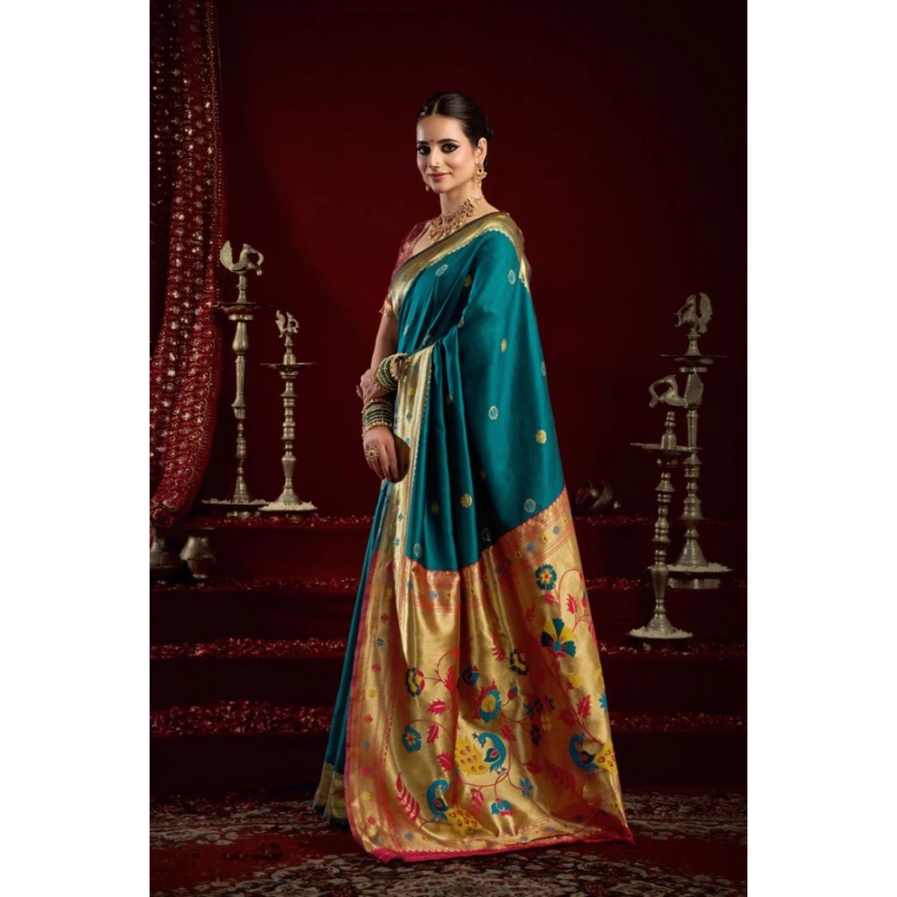 Generic Women's Silk Blend Woven Saree With Unstitched Blouse 5.5 Mtr (Teal)