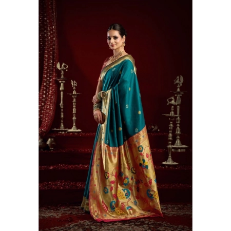 Generic Women's Silk Blend Woven Saree With Unstitched Blouse 5.5 Mtr (Teal)