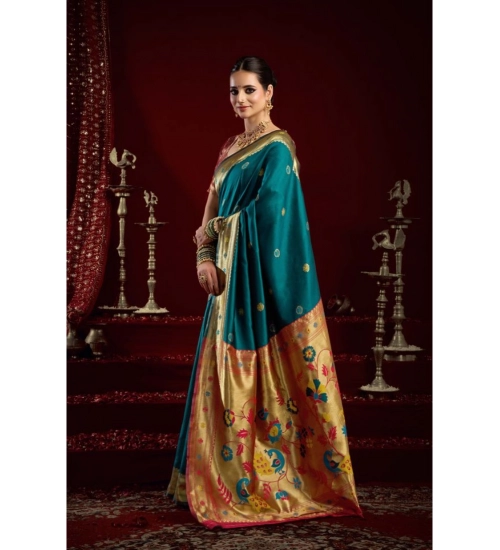 Generic Women's Silk Blend Woven Saree With Unstitched Blouse 5.5 Mtr (Teal)