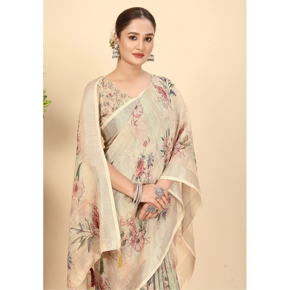 Women’s Cotton Silk Floral Printed Saree With Unstitched Blouse 5.5Mtr (Cream)