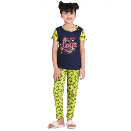Generic Girl's Cotton Hosiery Printed Night Suit Set (Navy-Green) Generic Girl's Cotton Hosiery Printed Night Suit Set (Navy-Green)