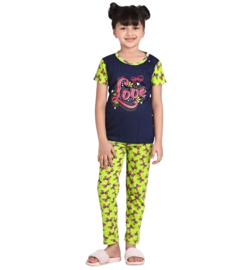 Generic Girl's Cotton Hosiery Printed Night Suit Set (Navy-Green) Generic Girl's Cotton Hosiery Printed Night Suit Set (Navy-Green)