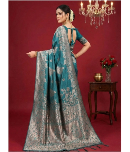 Generic Women's Silk Blend Printed Saree With Unstitched Blouse 5.5Mtr (Sea Green)