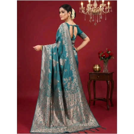 Generic Women's Silk Blend Printed Saree With Unstitched Blouse 5.5Mtr (Sea Green)