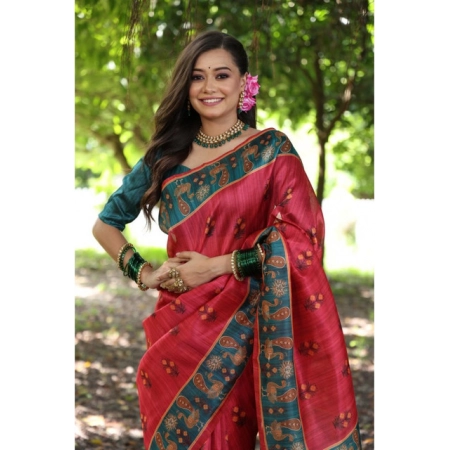 Generic Women's Faux_Tussar_Silk Printed Saree With Unstitched Blouse 5.5Mtr (Red)