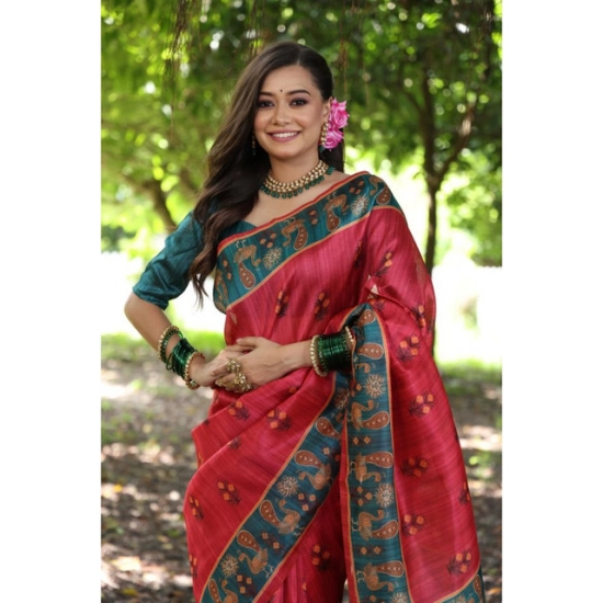 Generic Women's Faux_Tussar_Silk Printed Saree With Unstitched Blouse 5.5Mtr (Red)