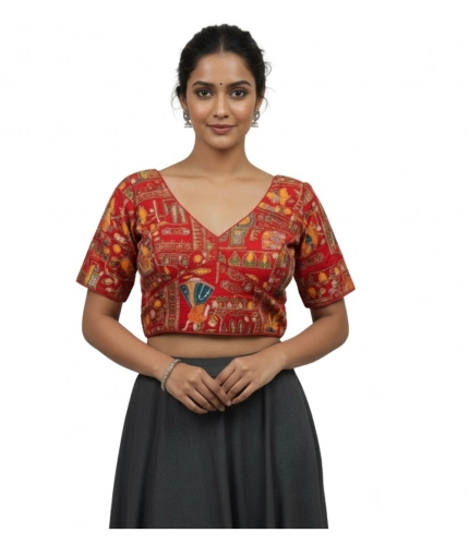 Generic Women's Crepe Position Print V Neck Short Sleeve Readymade Blouse (Red 38 Ready , Alterable 36–40)-PID65824