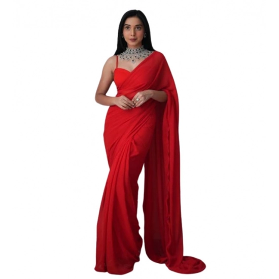 Generic Women's Georgette Solid Saree With Unstitched Blouse 5.5Mtr (Red)
