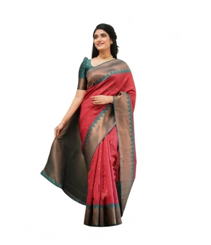 Generic Women's Soft Lichi Silk Printed Saree With Unstitched Blouse 5.5Mtr (Red)