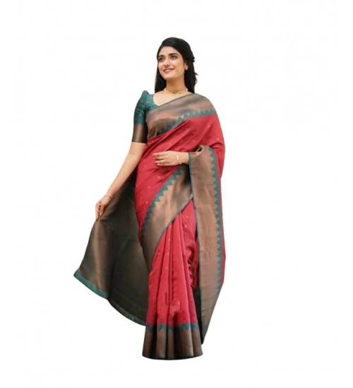 Generic Women's Soft Lichi Silk Printed Saree With Unstitched Blouse 5.5Mtr (Red)