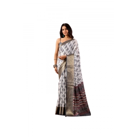 Generic Women's Faux_Silk Printed Saree With Unstitched Blouse 5.5Mtr (White)