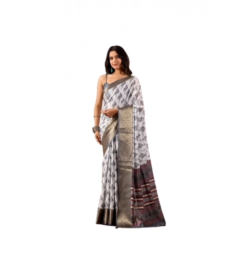 Generic Women's Faux_Silk Printed Saree With Unstitched Blouse 5.5Mtr (White)