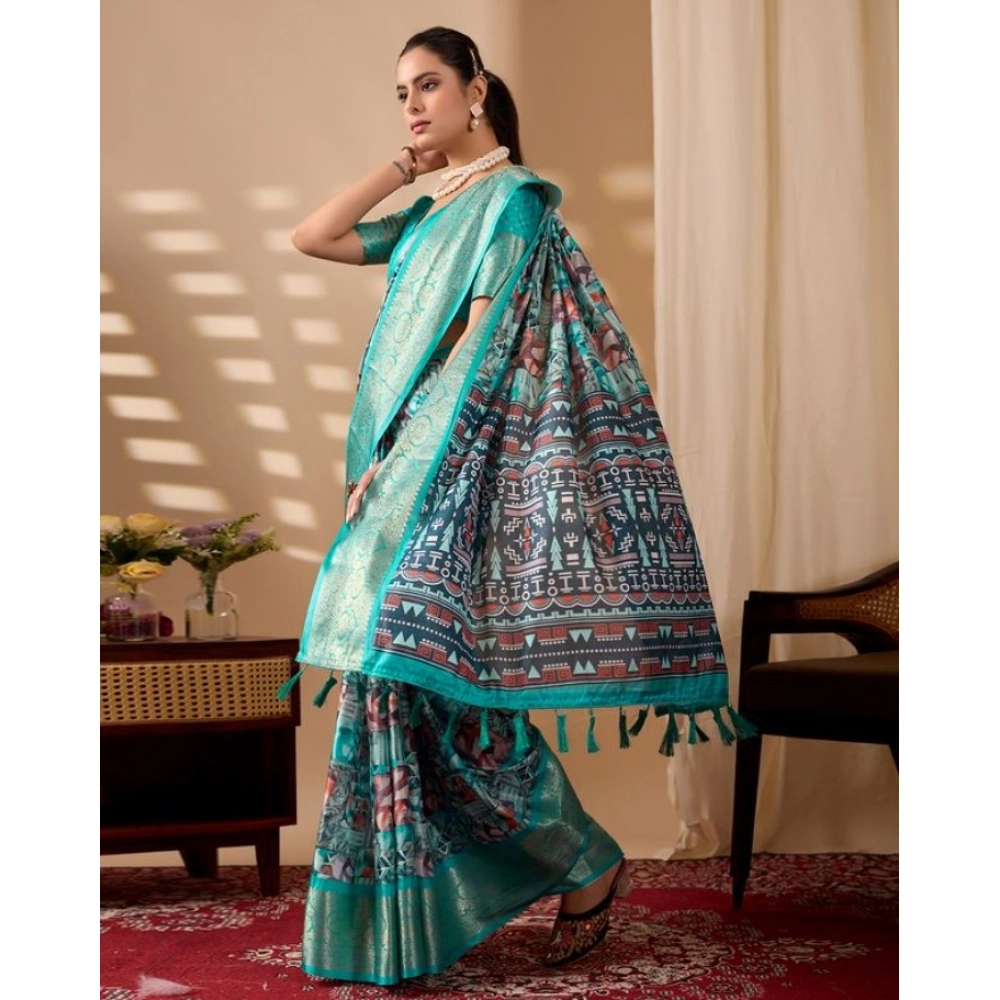 Generic Women's Faux_Silk Printed Saree With Unstitched Blouse 5.5Mtr (Turquoise)