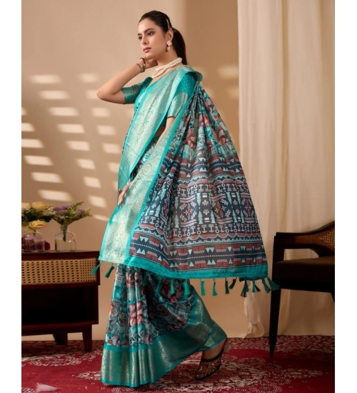 Generic Women's Faux_Silk Printed Saree With Unstitched Blouse 5.5Mtr (Turquoise) Generic Women's Faux_Silk Printed Saree With Unstitched Blouse 5.5Mtr (Turquoise)