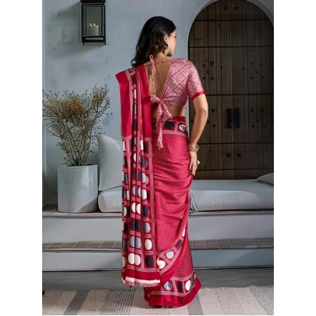Women's Satin Crepe Printed Saree With Unstitched Blouse 5.5Mtr (Red)