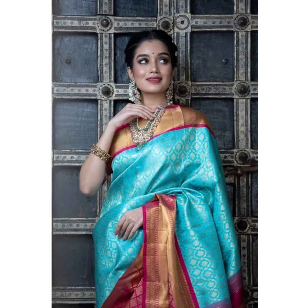 Generic Women's Soft Litchi Silk Jacquard Work Saree With Unstitched Blouse 5.5Mtr (Sky Blue)