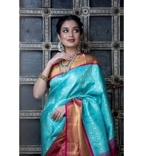 Generic Women's Soft Litchi Silk Jacquard Work Saree With Unstitched Blouse 5.5Mtr (Sky Blue)