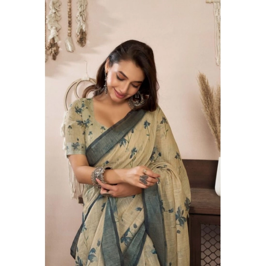 Generic Women's Faux Linen Floral Print Ready to wear Saree With Unstitched Blouse 5.5Mtr (LightBeige) Generic Women's Faux Linen Floral Print Ready to wear Saree With Unstitched Blouse 5.5Mtr (LightBeige)