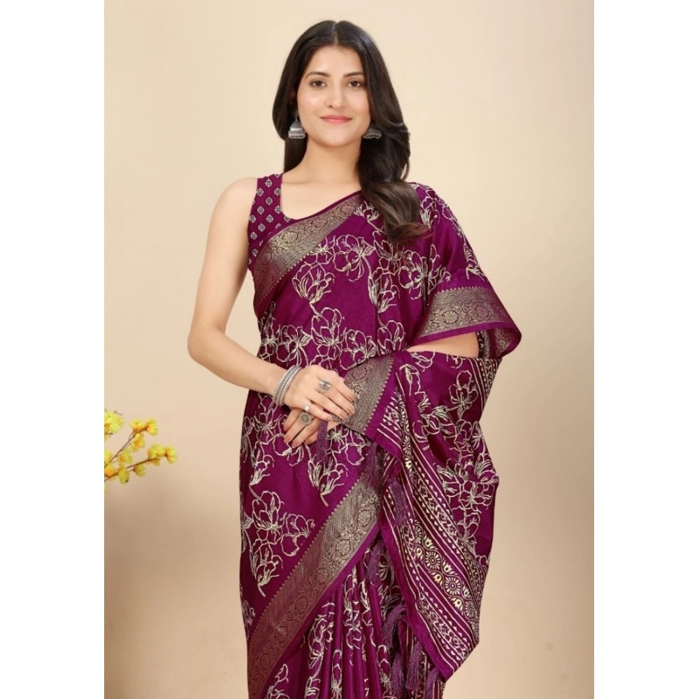 Generic Women's Cotton Silk Floral Printed Saree With Unstitched Blouse 5.5Mtr (Wine)