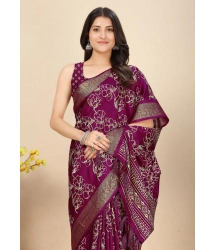 Generic Women's Cotton Silk Floral Printed Saree With Unstitched Blouse 5.5Mtr (Wine)