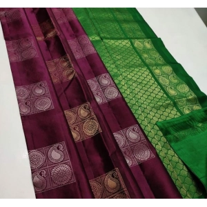 Generic Women's Litchi silk Printed Saree With Unstitched Blouse (Brown With Green)