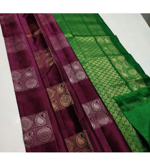 Generic Women's Litchi silk Printed Saree With Unstitched Blouse (Brown With Green)