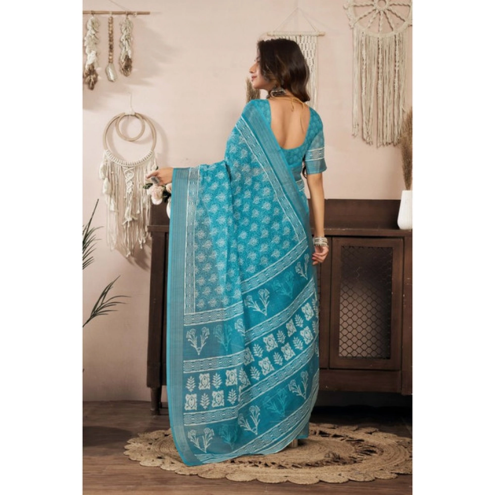 Generic Women's Linen Cotton Printed Ready To Wear Saree With Unstitched Blouse 5.5 Mtr (Aqua_Blue) Generic Women's Linen Cotton Printed Ready To Wear Saree With Unstitched Blouse 5.5 Mtr (Aqua_Blue)