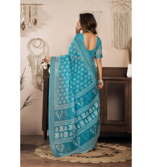 Generic Women's Linen Cotton Printed Ready To Wear Saree With Unstitched Blouse 5.5 Mtr (Aqua_Blue)