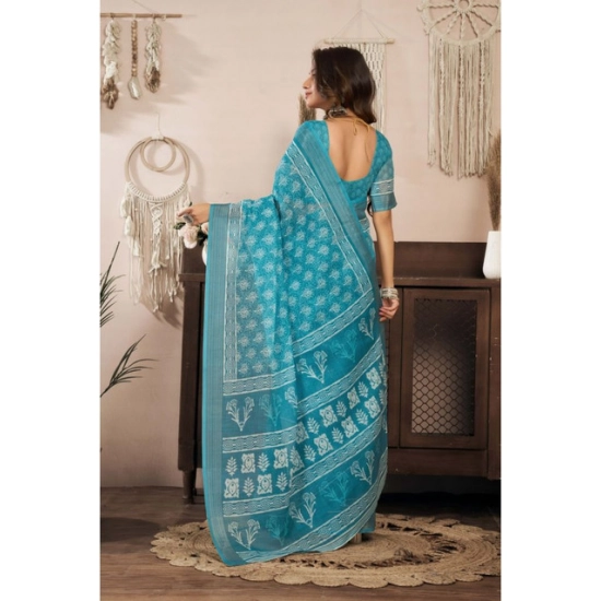 Generic Women's Linen Cotton Printed Ready To Wear Saree With Unstitched Blouse 5.5 Mtr (Aqua_Blue)