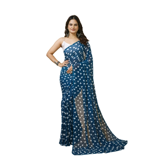 Generic Women's Georgette Printed Saree With Unstitched Blouse 5.5Mtr (Blue)