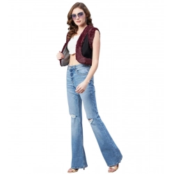 Generic Women's Denim And Fur Solid Sleeveless Shrug (Black - Maroon)