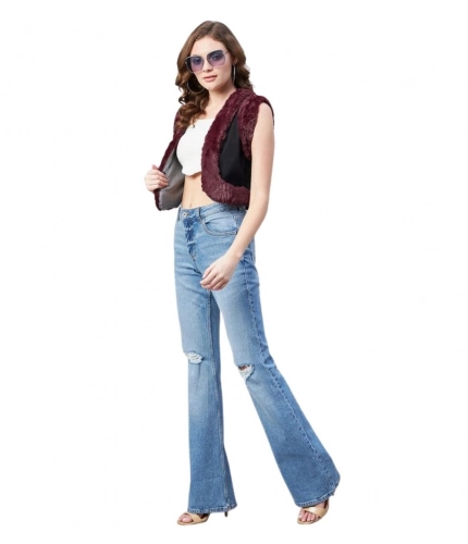 Generic Women's Denim And Fur Solid Sleeveless Shrug (Black - Maroon)