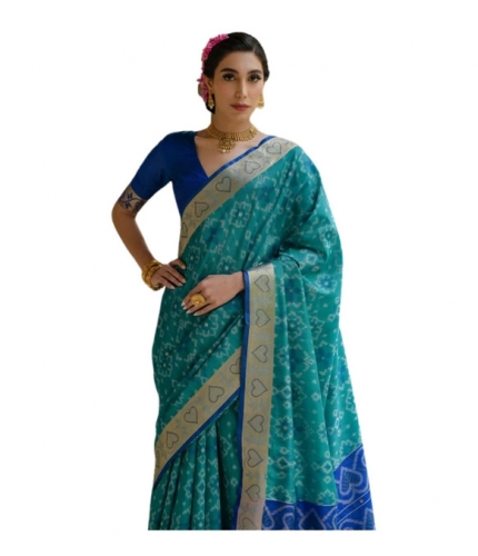 Generic Women's Silk_Blend Ethnic Ikat Pattern Saree With Unstitched Blouse 5.5Mtr (Teal)