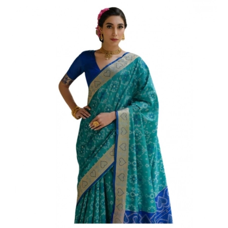 Generic Women's Silk_Blend Ethnic Ikat Pattern Saree With Unstitched Blouse 5.5Mtr (Teal)