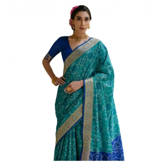 Generic Women's Silk_Blend Ethnic Ikat Pattern Saree With Unstitched Blouse 5.5Mtr (Teal)