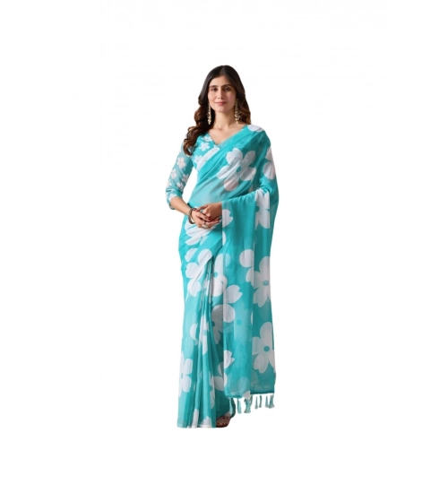 Generic Women's Georgette Printed Saree With Unstitched Blouse 5.5Mtr (Aqua_Blue)