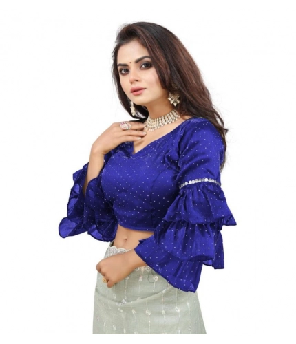 Generic Women's Organza Solid V Neck Layered Ruffle Sleeve Readymade Blouse (Blue Free Size , up to 38–40 Bust)-PID65849