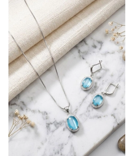 Generic Women's Brass Silver Plated Pendant Set (Blue)
