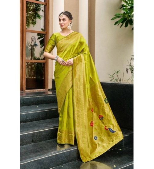 Generic Women's Silk Blend Paithani Weaving Saree With Unstitched Blouse 5.5Mtr (Lime Green)