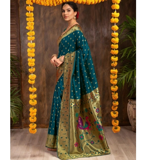 Generic Women's Silk Blend Zari Weaving Saree With Unstitched Blouse 5.5Mtr (Teal)