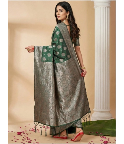 Generic Women's Silk Blend Printed Saree With Unstitched Blouse 5.5Mtr (Dark Green)