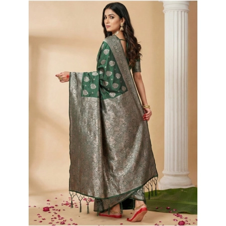 Generic Women's Silk Blend Printed Saree With Unstitched Blouse 5.5Mtr (Dark Green)