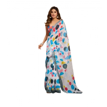 Generic Women's Linen Cotton Printed Ready To Wear Saree With Unstitched Blouse 5.5 Mtr (Multicolor)