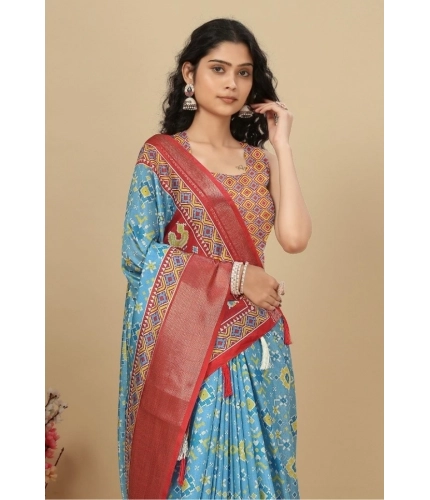 Generic Women's Cotton Silk Printed Saree With Unstitched Blouse 5.5Mtr (Rama)