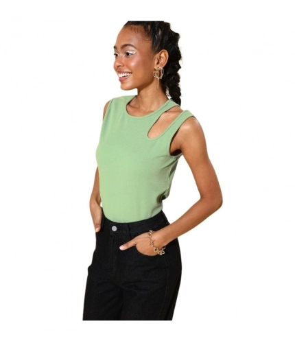 Generic Women's Polyester Lycra Solid Sleeveless Top (Green)
