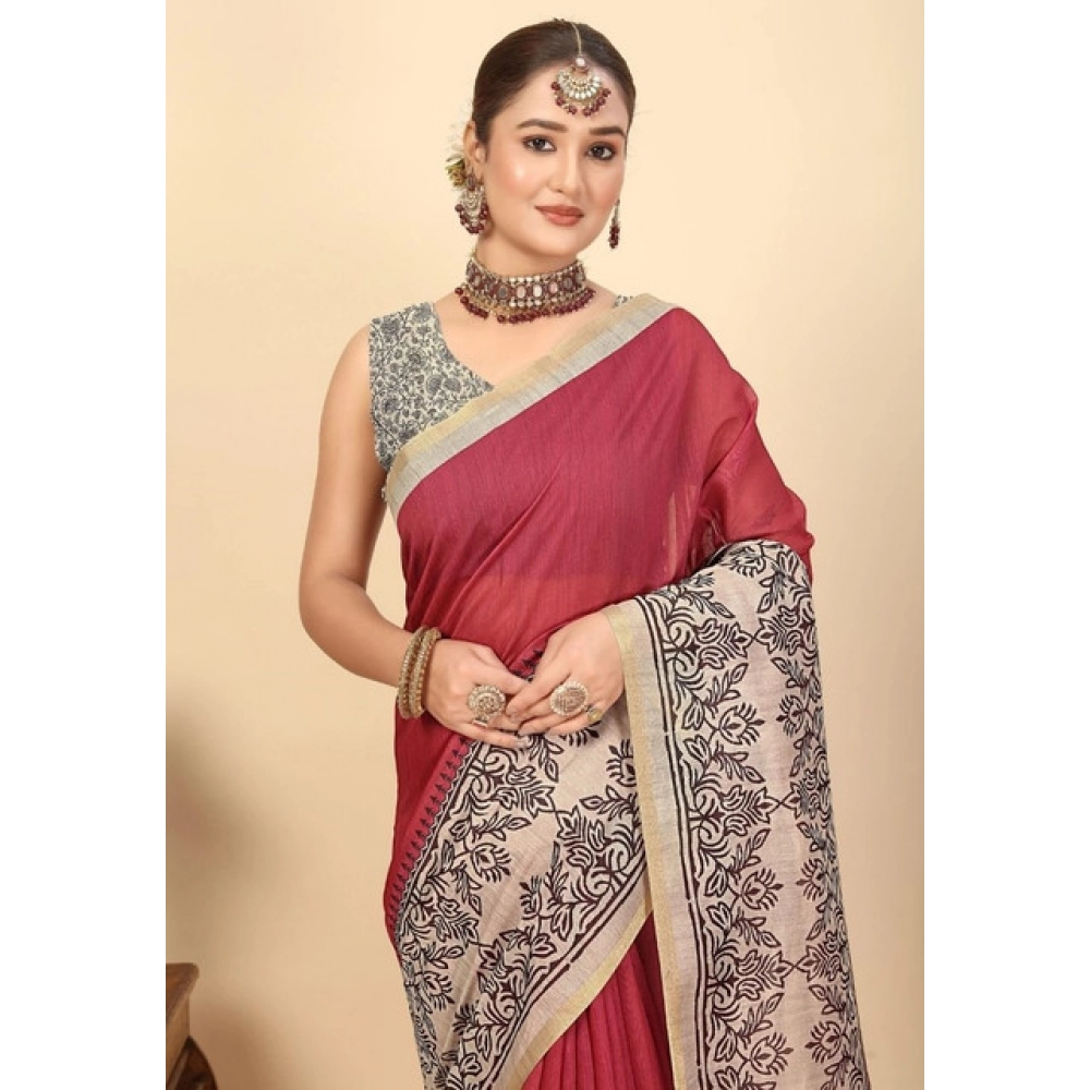 Women’s Chanderi Printed Saree With Unstitched Blouse 5.5Mtr (Pink)
