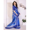 Generic Women's Linen Cotton  Printed Saree With Unstitched Blouse 5.5Mtr (Blue)