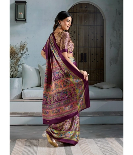 Generic Women's Satin Crepe Printed Saree With Unstitched Blouse 5.5Mtr (Purple)